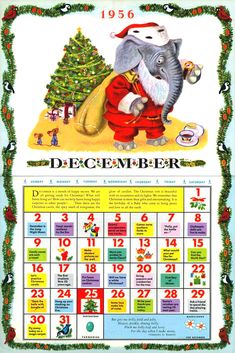 an old fashioned christmas calendar with an elephant on it's back and the date is december