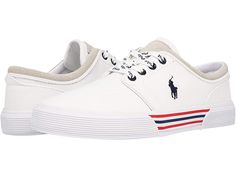 Polo Ralph Lauren Faxon Low Sneaker - Men's Lace up casual Shoes : White/Newport Navy Recycled Canvas : Bring a fresh look to your wardrobe with these clean Polo Ralph Lauren Faxon Low sneakers. Made of canvas with a lace-up design and embroidered signature logo at the side. Fabric lining. Padded footbed. Rubber sole. Imported. Measurements: Weight: 1 lb Product measurements were taken using size 12, width M. Please note that measurements may vary by size. Weight of footwear is based on a single Lace-up Canvas Shoes With Embroidered Logo And White Sole, Lace-up Canvas Shoes With Embroidered Logo, Cotton Lace-up Sneakers With Embroidered Logo, White Casual Sneakers With Embroidered Logo, Low-top Cotton Canvas Shoes With Embroidered Logo, Sporty Cotton Canvas Shoes With Embroidered Logo, Casual Low-top Canvas Shoes With Embroidered Logo, Casual Canvas Sneakers With White Laces, Casual Canvas Sneakers With Embroidered Logo