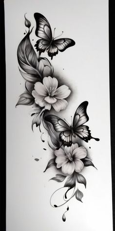 a drawing of flowers and butterflies on a white sheet with black ink, in the shape of a butterfly