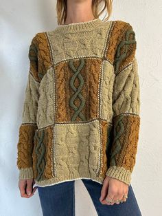 "- 90s Liz Claiborne cable knit sweater - Cotton rayon blend - Shoulder pads *could be removed - Made in China - Tagged L Chest: 24\" Length: 25\" Sleeve: 21\"" Retro Cable Knit Sweater For Fall, Brown And Green Knit Sweater, Retro Brown Knitted Sweater, Oversized Vintage Cable Knit Sweater, Retro Long Sleeve Cable Knit Sweater, Retro Brown Wool Sweater, Vintage Green Knit Outerwear, Blue Sailor Dress, Brown Chunky Knit Long-sleeve Outerwear