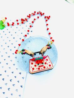 Retro Cherry Necklace Beaded Necklace Fruit Necklace French - Etsy Cute Handmade Jewelry For Daily Wear, Cute Handmade Everyday Jewelry, Trendy Handmade Necklace For Everyday Use, Handbag Necklace, Clasping Hands, Retro Cherry, Bag Necklace, Cherry Necklace, Fruit Necklace