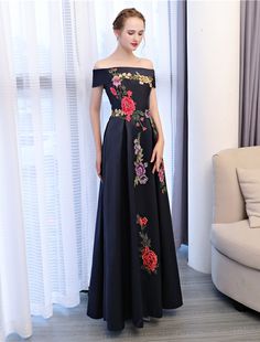 A-Line Floral Dress Wedding Guest Formal Evening Floor Length Sleeveless Off Shoulder Satin with Embroidery Appliques Floral Dress Wedding, Floral Dress Wedding Guest, Prom Dresses Sparkly, Wedding Guest Formal, Sparkly Prom Dresses, Floral Prom Dresses, Floral Wedding Dress, Dress Wedding Guest, Full Dress