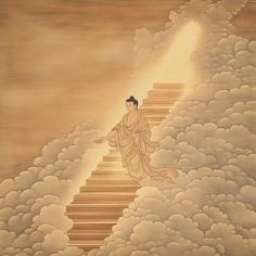 a painting of a person walking up some stairs in the sky with clouds behind them