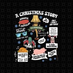 a christmas story poster with various stickers on it