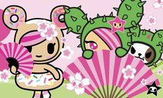 a cartoon character holding a pink and green fan next to another character with an animal on it