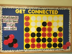 a bulletin board that says get connected and what else is organized in red, black, and white circles