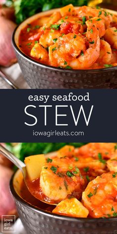 two bowls filled with shrimp and vegetables on top of a table