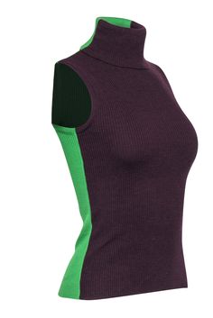 Get the best of both worlds with this two-toned Dolce & Gabbana turtleneck! This sleeveless sweater features a deep, lush purple on the front and surprises you with a bold and vivid green hue on the back. The sleeveless design makes this the perfect layering piece for the fall. Pop this on with a blazer for the office or switch it up to something a little more casual by wearing a denim jacket. However you choose to rock this piece, you will be turning heads! Size 4 (IT 40) 60% Merino Wool, 40% A Fall Color Block Turtleneck Tops, Fitted High Neck Sweater Vest For Spring, Fitted High Neck Sweater Vest For Fall, Trendy Turtleneck Tank Top For Fall, Purple Knit Tops For Layering, Fitted Sleeveless Color Block Top, Fitted Cotton Sweater Vest For Layering, Fitted Knit Color Block Tops, Purple Winter Workwear Tops