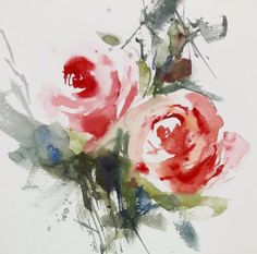 watercolor painting of red and pink roses on white paper