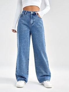 Azul lavado medio  Collar  Mezclilla Liso Pierna ancha Embellished No-Elástico Shein Outfits, Lily James, Jeans Casual, Lovely Clothes, Floral Pants, Loungewear Set, Women Denim Jeans, Jeans Boyfriend, Boyfriend Fit