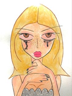 a drawing of a woman with tears on her face and hand in her mouth, looking at the camera