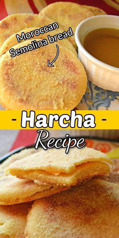 two pictures with different types of pancakes on them and the words harcha recipe below