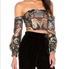 Off The Shoulder Floral Crop Top From Lpa Size Xs Never Worn Chic Floral Print Crop Top For Party, Bohemian Fitted Evening Tops, Black Floral Print Crop Top For Party, Elegant Fitted Crop Top For Festivals, Fitted Elegant Crop Top For Festivals, Elegant Fitted Baroque Print Tops, Fitted Floral Print Tops For Festive Occasions, Floral Crop Tops, Floral Top