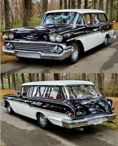 an old black and white station wagon parked in the woods next to another classic car