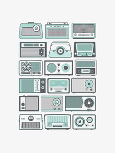 a bunch of different types of electronics on a white background with blue and gray colors