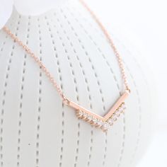 Tiara diamond necklace rose gold V shaped pendant la more design jewelry Dazzling Rose Gold Necklace With Cubic Zirconia, Dazzling Rose Gold Diamond Necklace, Rose Gold Cubic Zirconia Diamond Cut Necklace, Dazzling Rose Gold Diamond Necklace With Accents, Dazzling Rose Gold Diamond Accents Necklace, Tiara Diamond, White Diamond Necklace, Gold Shop, Necklace Rose Gold