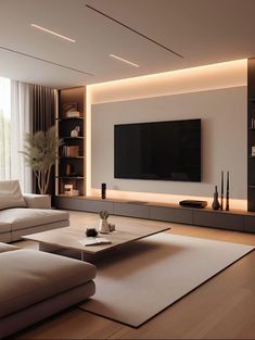 modern living room with white furniture and large flat screen tv on the entertainment center wall