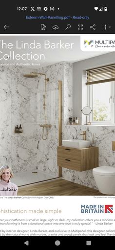 an image of a bathroom with marble wallpaper and flooring on the phone screen