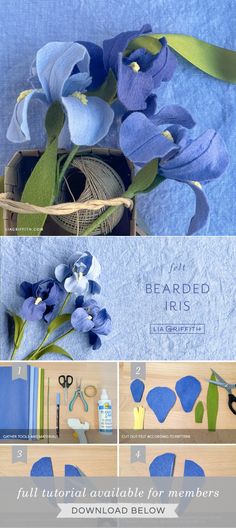 blue flowers are being made with yarn and scissors