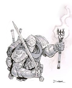 an ink drawing of a knight holding two swords and wearing armor, kneeling on the ground