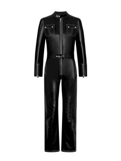 full mobile Designer Fitted Leather Jacket With Zip Fly, Luxury Black Leather Pants With Zip Fly, Black Leather Fitted Jumpsuits And Rompers, All Black Outfit Casual, Racer Jumpsuit, Fitted Full-length Leather Pants With Zipper Closure, Leather Jumpsuit, Racer Jacket, Francoise Hardy