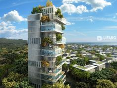 an artist's rendering of a high rise building with plants growing on the balconies