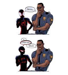 two comic panels showing the same person in uniform and one with his hand on his chin