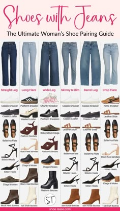 If you're needing to find the right jeans and shoes pairings for women, you've come to the right place! Get all the fashion styling inspiration of boots, heels and shoes to wear with jeans of all styles. From wide leg jeans, to skinny jeans, to barrel leg jeans, cropped and long and shoes for straight leg jeans and all the styles in between! Shoes For Straight Leg Jeans, Outfits With Wide Leg Jeans, Shoes To Wear With Jeans, Barrel Leg Jeans, Jeans And Shoes, Jeans With Heels, Shoes Outfit Fashion, Best Shoes, Wardrobe Outfits