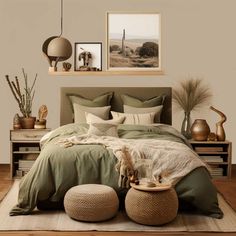 a bed with green sheets and pillows in a room next to pictures on the wall