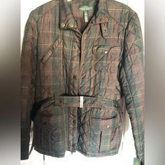 New With Tags; Ralph Lauren Quilted Jacket Fashioned With Classic Hunter Green Plaid - Perfect For Fall Or Winter. Zipper With Snap Closure, Removable Belt, Finished With Signature Logo Hardware. Snap Pockets, Sleeves And Neck. Fully Lined Bust Approximately 24.5” And Length 30” 100% Polyester- Size Xl Designer Plaid Outerwear For Work, Designer Plaid Outerwear For Office, Designer Plaid Long Sleeve Outerwear, Designer Plaid Outerwear With Long Sleeves, Ralph Lauren Long Sleeve Fall Outerwear, Ralph Lauren Casual Brown Outerwear, Ralph Lauren Casual Fall Outerwear, Casual Ralph Lauren Brown Outerwear, Casual Ralph Lauren Fall Outerwear