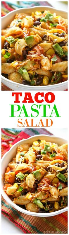 taco pasta salad in a white bowl with the title above it on top and bottom