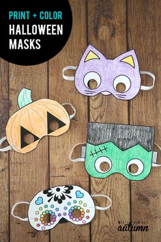 three masks with different designs on them and the words print & color halloween masks written below