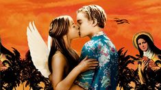 a couple kissing each other in front of an orange sky with palm trees and birds