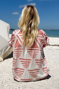 Rise Caftan - Muted Clay Printed Linen Beach Top, Printed Linen Tops For Beach, Printed Linen Tops For The Beach, Summer Beach Tops With Block Print, Emerson Fry, Rajasthan India, Organic Linens, Woman Fashion, Hook Eye