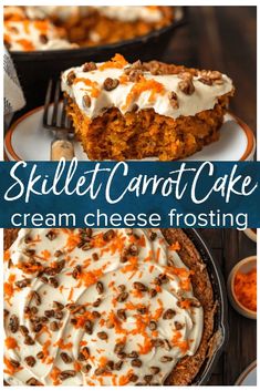 a slice of skillet carrot cake with cream cheese frosting