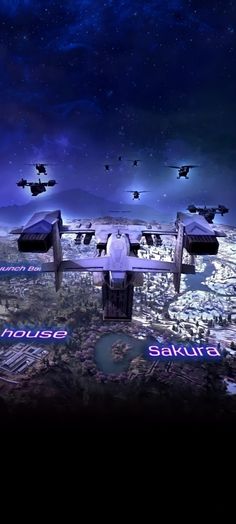 several fighter jets flying in the sky over a city at night with words written below them