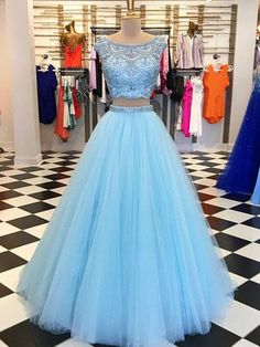 Blue A Line Round Neck Two Pieces Beading Tulle Long Prom Dresses, Two Pieces Blue Formal Dresses, Blue Evening Dresses Short Sleeve Prom Dresses, Prom Dress Blue, Two Piece Prom, Blue Prom Dress, Color Celeste, Tulle Evening Dress, Marine Uniform, Blue Dress Formal, Beaded Tulle