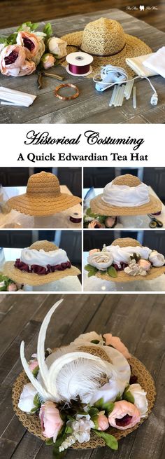 Tea Party For Men Outfit, How To Make A Boater Hat, 1912 Womens Hats, Diy Victorian Hats Tutorials How To Make, Diy Tea Hats For Women, Diy Tea Hat, Diy Edwardian Costume, Diy Edwardian Hat, Diy Victorian Hat