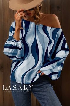 Lasaky - Luxurious Colorful Artistic Loose Lantern Sleeve Blouse for Fashion-forward Individuals Bishop Sleeve Blouse, Me 109, Batwing Sleeve Top, Lantern Sleeved Blouses, Balloon Sleeve Top, Balloon Sleeve Blouse, Classy Design, Sleeves Clothing, Weave Style