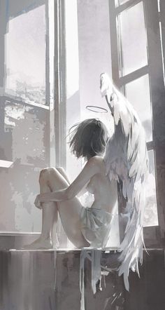 a woman sitting on top of a window sill next to an angel