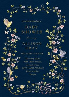 a baby shower is shown with flowers and birds in the frame, on a dark blue background