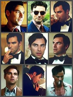 many different pictures of the same man in suits and bow ties, including one with glasses