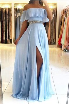 Sky Blue Off The Shoulder Evening Dresses Sexy Chiffon Side Slit Cheap Prom Dress with Crystals Belt,SF0167 on Storenvy Split Prom Dresses, Beaded Chiffon, Chiffon Prom Dress, Cheap Prom Dresses, Party Dress Long, Formal Evening Dresses, Prom Dresses Long, Blue Dress, Chiffon Dress