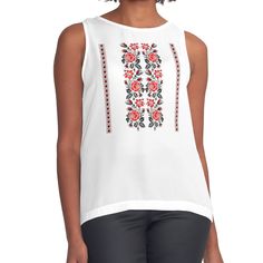 Women's sleeveless tank with vivid edge-to-edge sublimation print on front. Spliced materials for comfort. Front panel made from silky chiffon and solid color black or white jersey back. Sizes available XS- 2XL. Embroidery Ladies design - popular in Western Europe with traditional ornaments. You can make a nice gift for women for any occasion in any age - beautiful t shirt, scarf, tote, phone case, cup, pillow, notebook or even clock. "Black and red embroidered flowers" is a classic ornament in Sleeveless Red Tops With Floral Embroidery, Red Sleeveless Tops With Floral Embroidery, Red Sleeveless Top With Floral Embroidery, Red Embroidered Sleeveless Vest, T Shirt Scarf, Classic Ornament, Ladies Design, Shirt Scarf, Traditional Ornaments