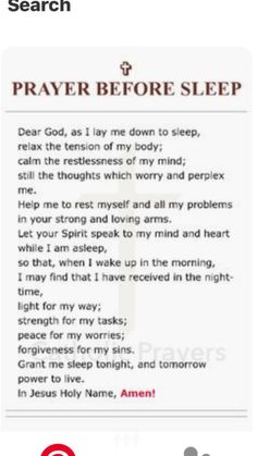 a prayer card with the words prayer before sleep written in red and black on it