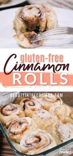 gluten - free cinnamon rolls in a glass baking dish with a fork on the side