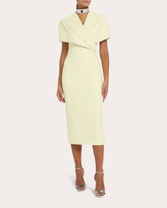 Safiyaa Flora Crepe Midi Dress | OLIVELA Formal Structured Crepe Dress, Elegant Crepe Dress With Cape Sleeves, Chic Structured Crepe Dress, Pre-draped Sheath Midi Dress For Formal Occasions, Formal Pre-draped Sheath Midi Dress, Elegant Sheath Crepe Dress, Sheath Midi Dress With Draped Sleeves For Work, Elegant Workwear Dresses With Cape Sleeves, Formal Sheath Midi Dress In Crepe