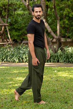 Dark Green Evolution Pants for men Green Yoga Pants With Pockets, Green Yoga Pants With Side Pockets, Green Yoga Bottoms With Side Pockets, Casual Khaki Yoga Bottoms, Green Cotton Yoga Pants, Green Relaxed Fit Yoga Pants With Pockets, Green Yoga Trousers, Green Casual Yoga Pants, Thai Pants