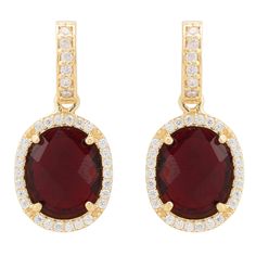 These exquisitely regal oval gemstone drop earrings are pure elegance in design. Make this super sparkly drop earring your everyday wardrobe staple. The multifaceted oval gemstone with illustrious cz detailing, which highlights the beauty of the central stone, reflects the light which dazzles from day to night. These earrings make an impact but are comfortable to wear.With associations with the heart, blood, inner fire, and life force, garnets have long been considered symbols of love. Garnet sy Classic Oval Earrings With Gemstone Accents, Elegant Oval Pendant Earrings For Anniversary, Formal Oval Pendant Gemstone Earrings, Oval Gemstone Accented Earrings For Formal Occasions, Oval Earrings With Gemstone Accents For Formal Occasions, Gemstone Drop Earrings, Drop Earrings Gold, Stylish Earrings, Pure Elegance