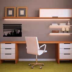 a white chair sits in front of a desk with drawers and shelves on the wall